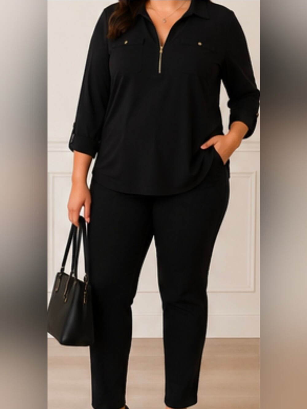 Anne Klein 2X Black Gold Zip Collared Blouse Plus Size Long Sleeve Career Top